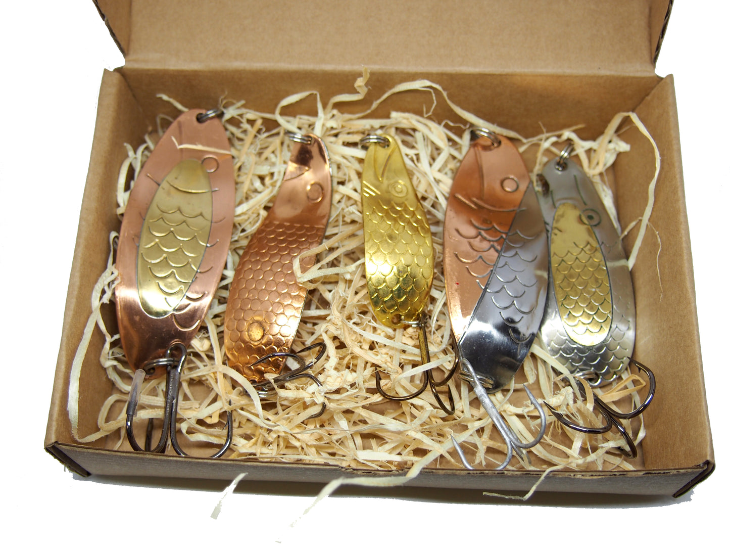 Handmade fishing spoon, copper pike spoon lures, fishing spoons for bass, brass lures, gold lures in a box 5 pieces