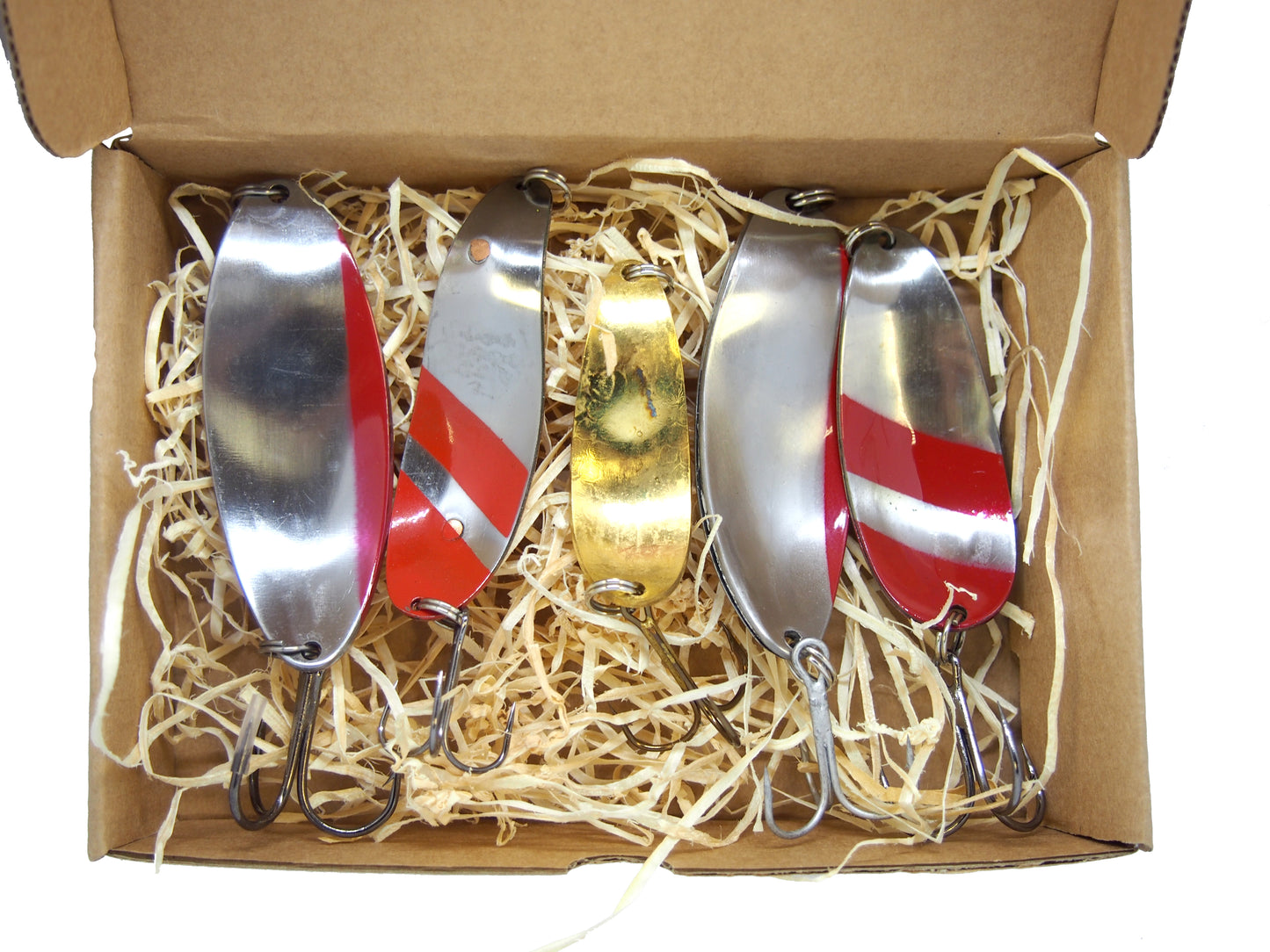 Handmade fishing spoon, copper pike spoon lures, fishing spoons for bass, brass lures, gold lures in a box 5 pieces