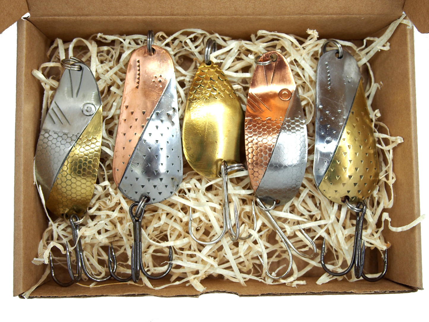 fishing spoons lures in gift box , 5 pieces of handmade fishing spoons