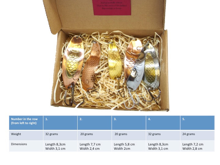 Handmade fishing spoon, copper pike spoon lures, fishing spoons for bass, brass lures, gold lures in a box 5 pieces