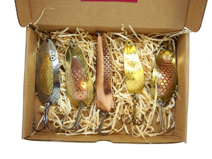 classic pike spoon set, handmade fishing spoons, gold salmon spoons, bass lure copper with treble hook, 5 pieces