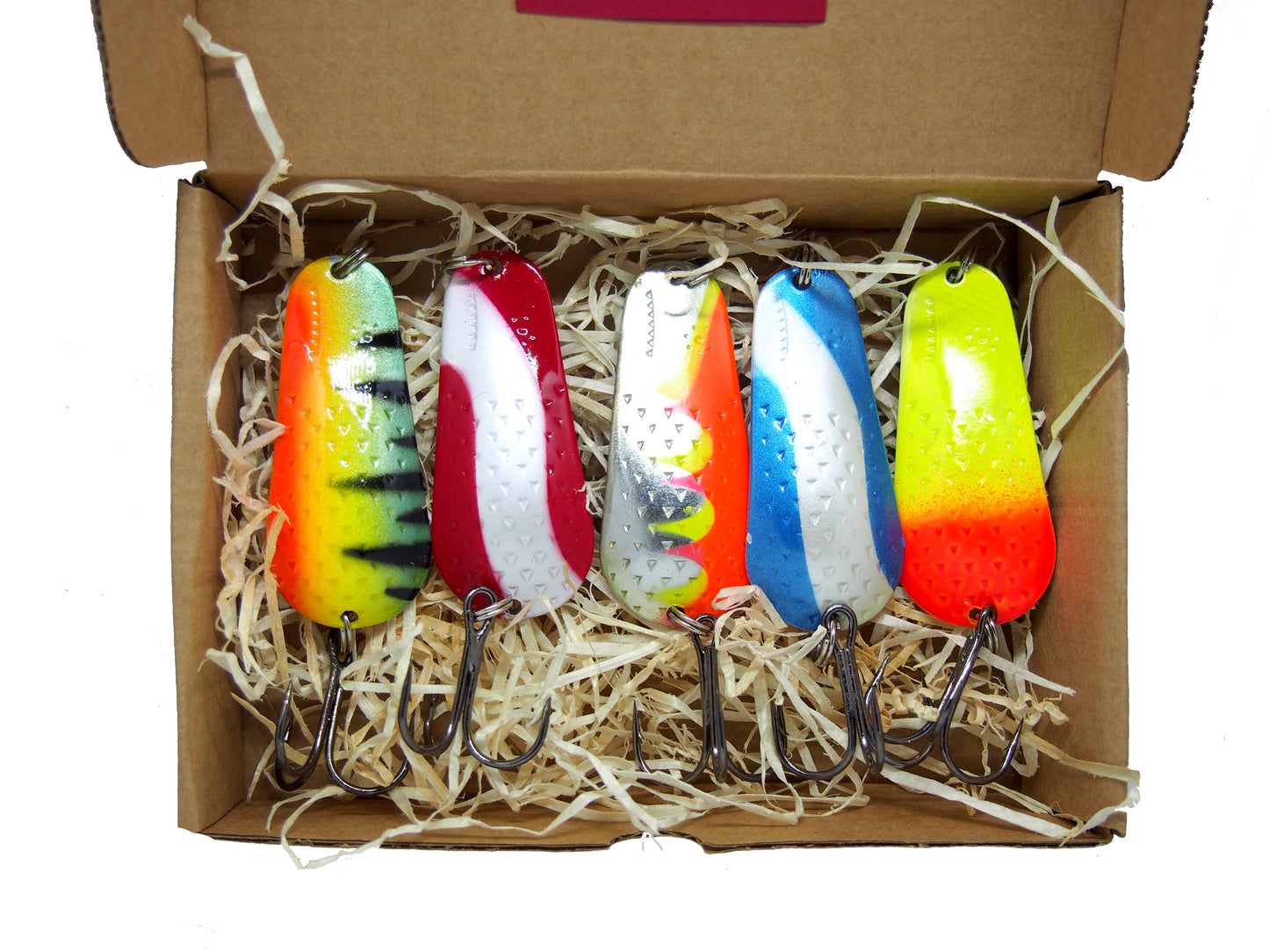 fishing spoon set 5pcs, handmade fishing spoons, pike spoon, hand-painted salmon lure with treble hook