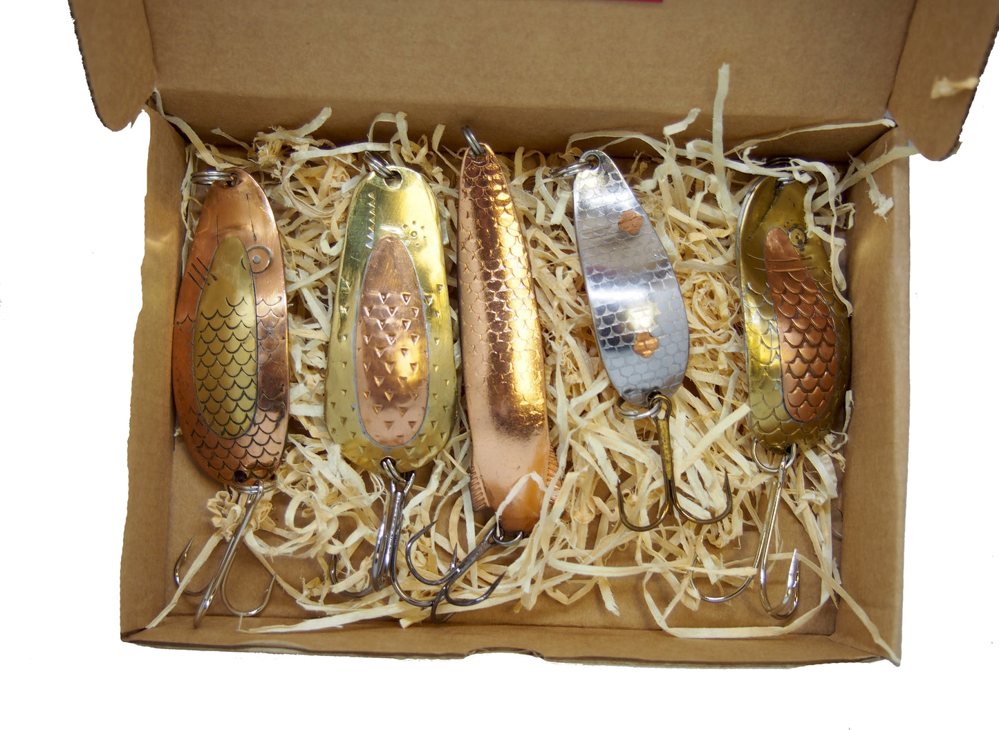 classic fishing spoon set, handmade fishing spoons, gold pike spoons, salmon lure copper with treble hook, 5 pieces