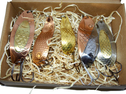 Handmade fishing spoon,  copper pike spoon lures, fishing spoons for bass, brass lures, gold lures in a box 5 pieces