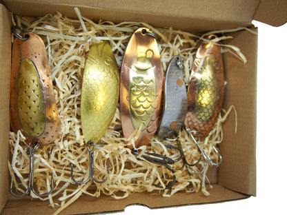 classic fishing spoon set, handmade fishing spoons, gold pike spoons, salmon lure copper with treble hook, 5 pieces