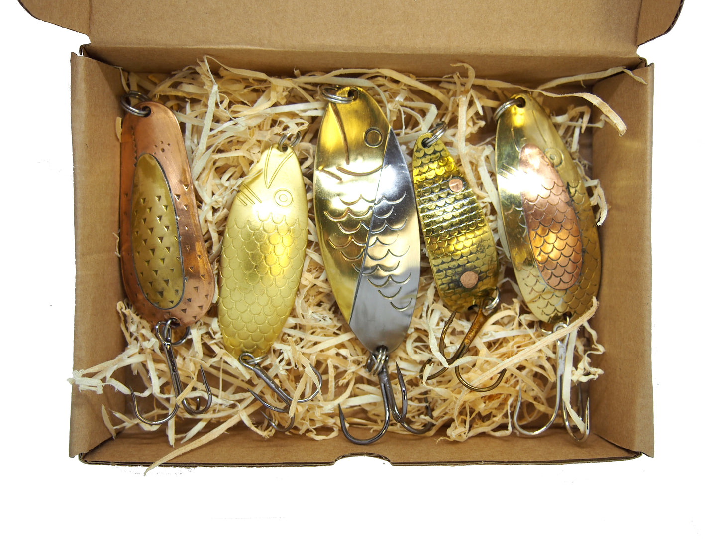 pike fishing spoon set, handmade fishing spoons, gold pike spoons, salmon lure copper with treble hook, 5 pieces