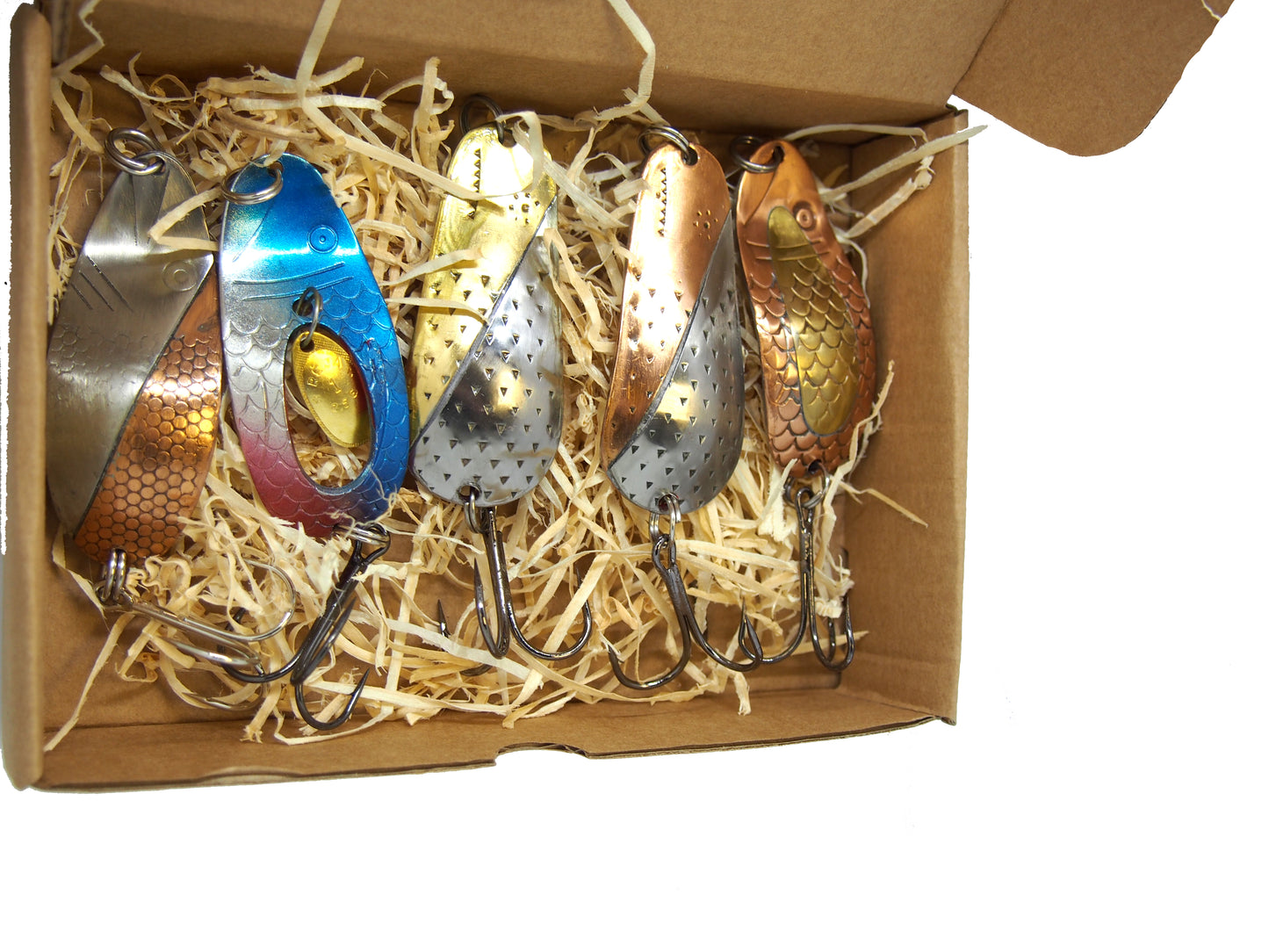 Traditional fishing spoon set, five-piece handmade fishing spoon set, gold pike spoons, copper salmon lure with treble hook