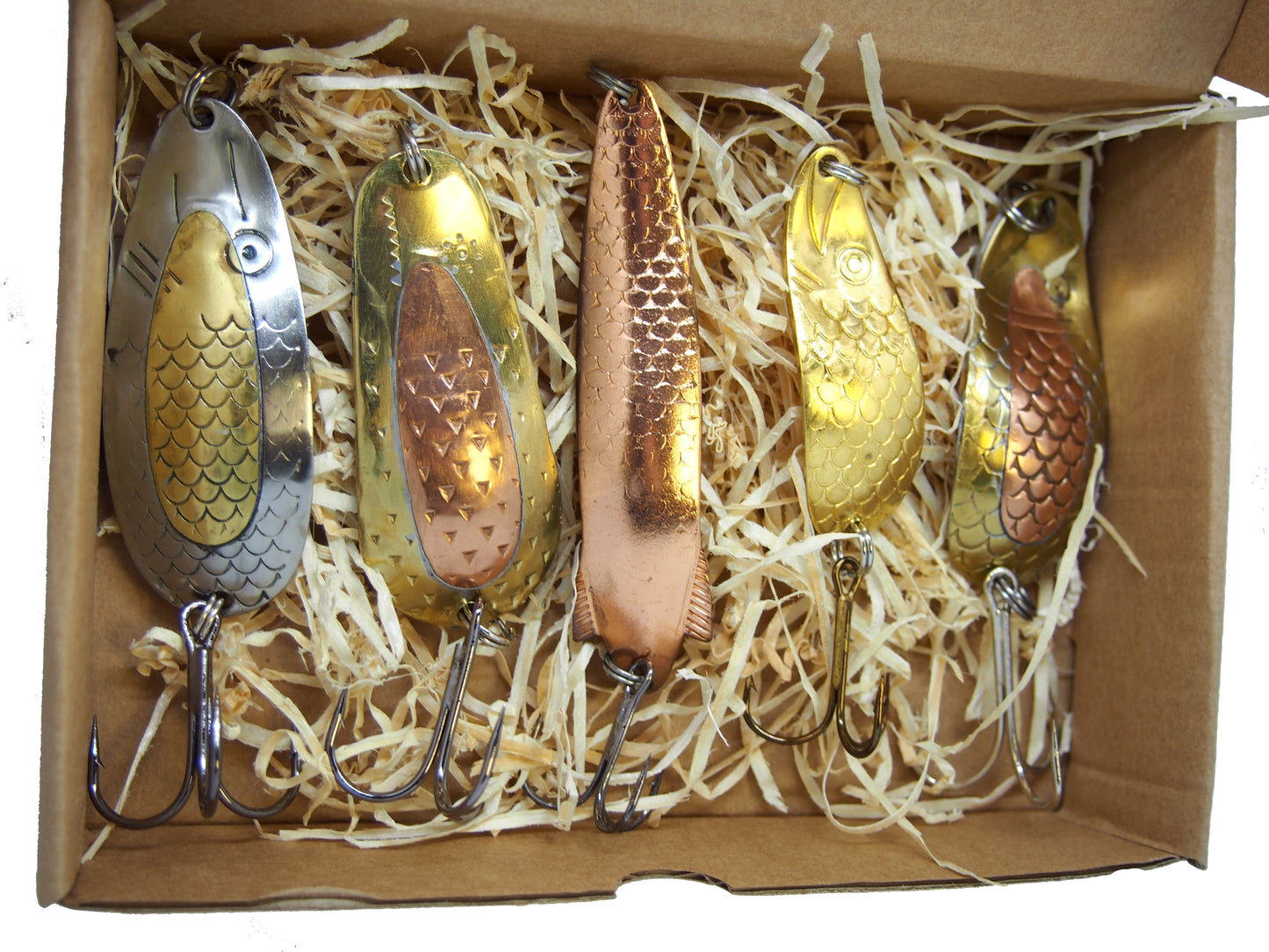 classic pike spoon set, handmade fishing spoons, gold salmon spoons, bass lure copper with treble hook, 5 pieces