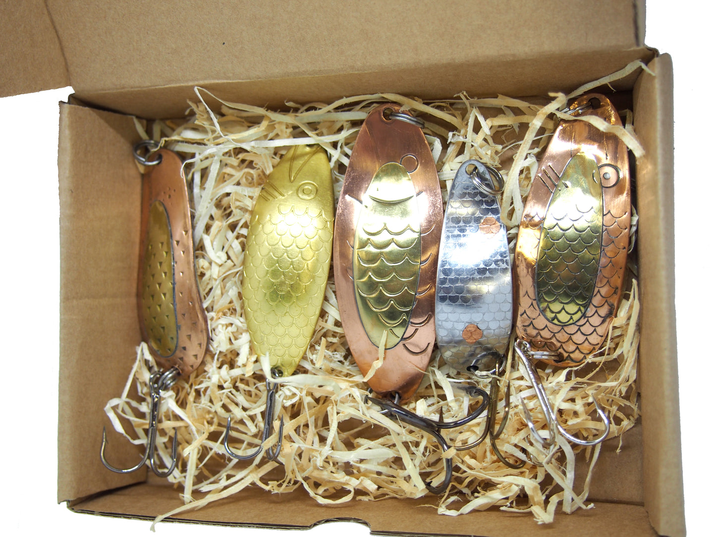 classic fishing spoon set, handmade fishing spoons, gold pike spoons, salmon lure copper with treble hook, 5 pieces