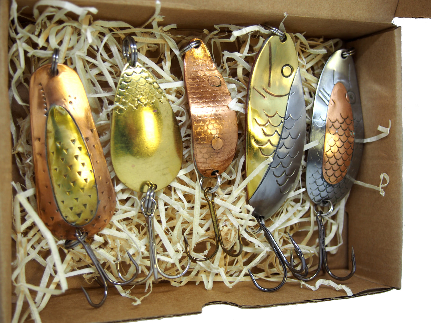 pike fishing spoon set, handmade fishing spoons, gold pike spoons, salmon lure copper with treble hook, 5 pieces