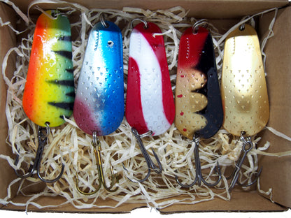 fishing spoon set, metal fishing spoons, salmon lures, pike tackle, trout lures