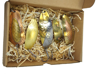 pike fishing spoon set, handmade fishing spoons, gold pike spoons, salmon lure copper with treble hook, 5 pieces