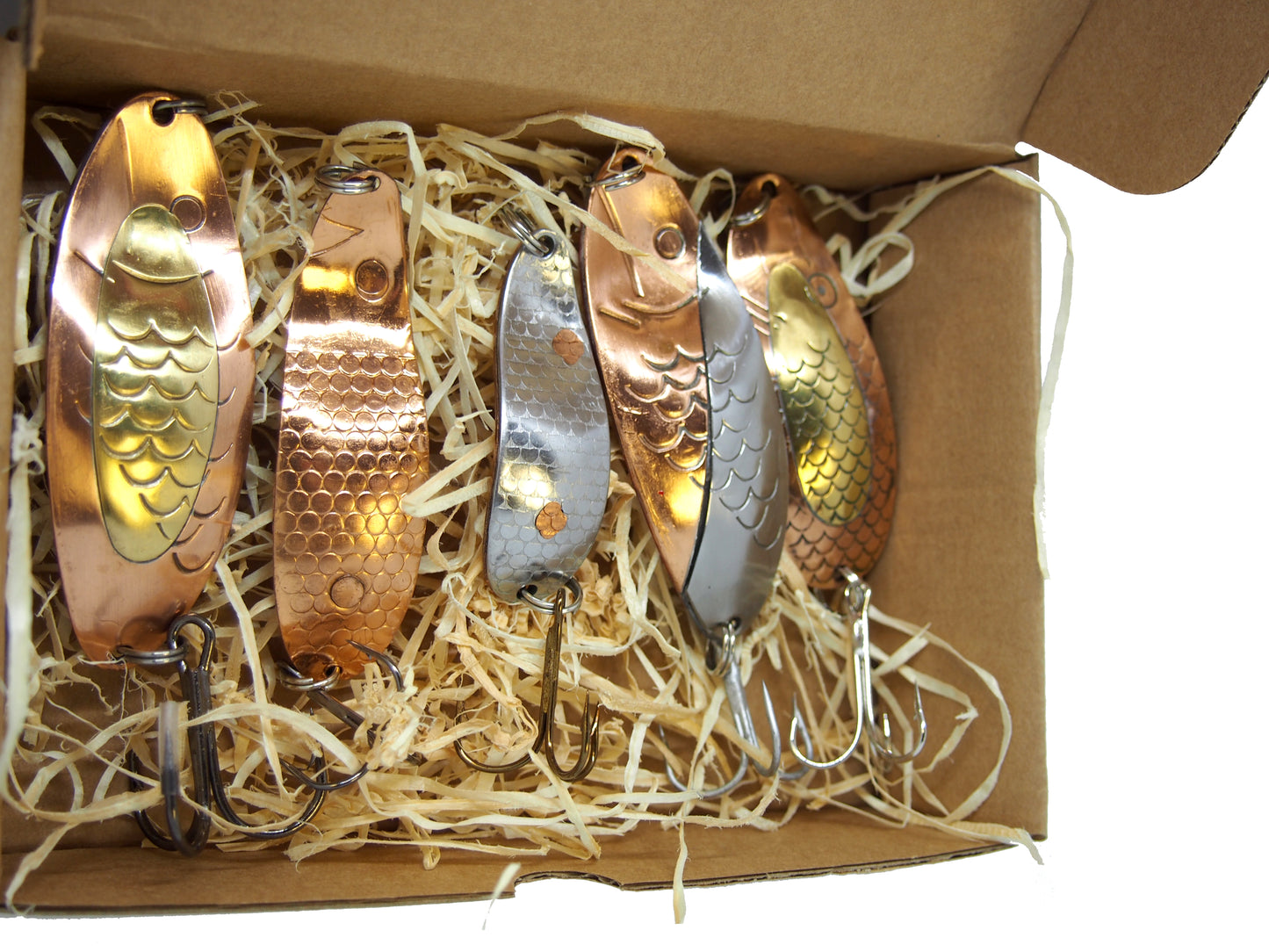 large pike spoon set, handmade fishing spoons, gold salmon spoons, bass lure copper with treble hook, 5 pieces