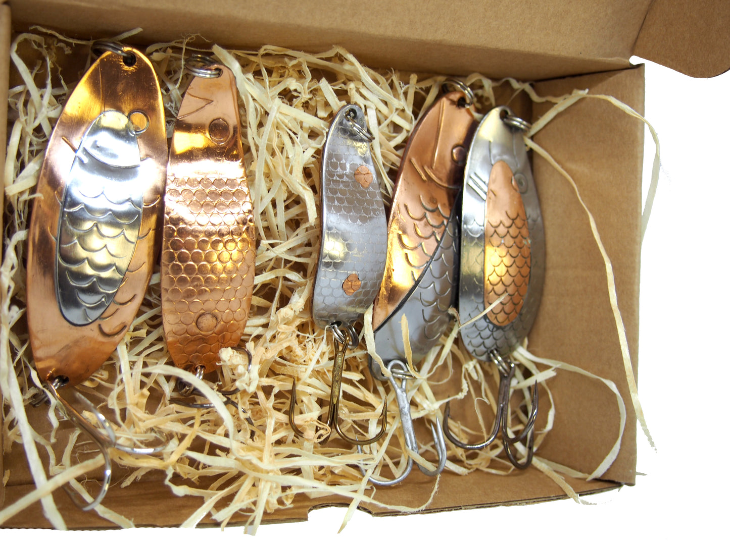 classic fishing spoon set, hand crafted fishing spoons, gold pike spoons, salmon lure copper with treble hook, 5 pieces