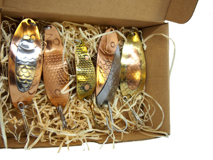 classic fishing spoon set, handmade fishing spoons, gold pike spoons, salmon lure copper with treble hook, 5 pieces