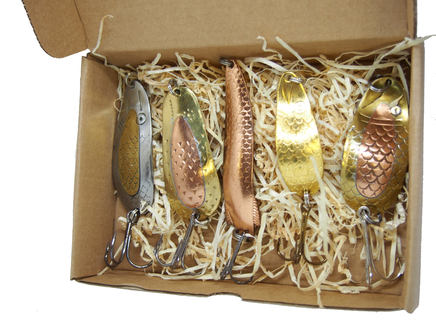 classic pike spoon set, handmade fishing spoons, gold salmon spoons, bass lure copper with treble hook, 5 pieces