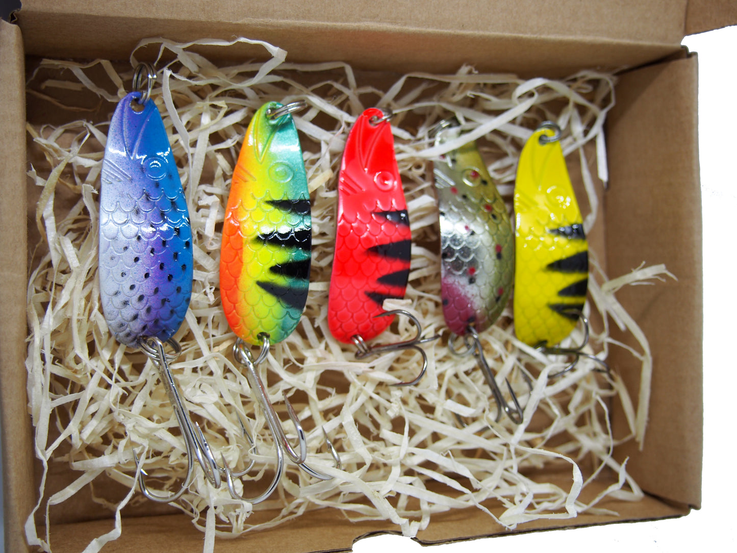 fishing spoon set, metal fishing spoons, salmon lures, pike tackle, trout lures