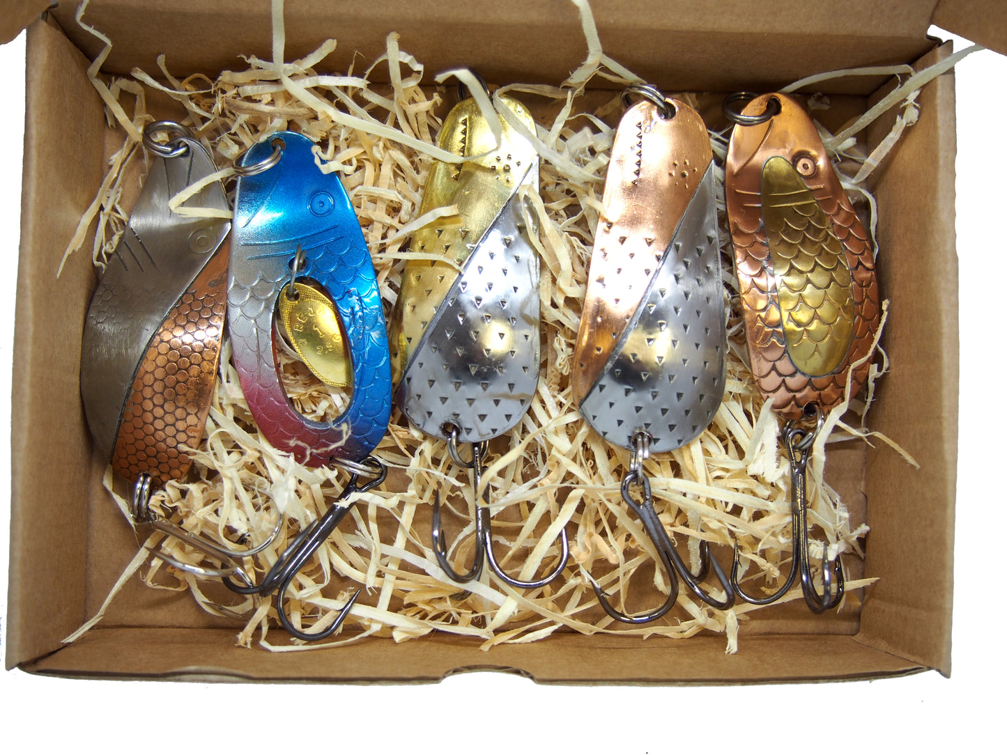 Traditional fishing spoon set, five-piece handmade fishing spoon set, gold pike spoons, copper salmon lure with treble hook