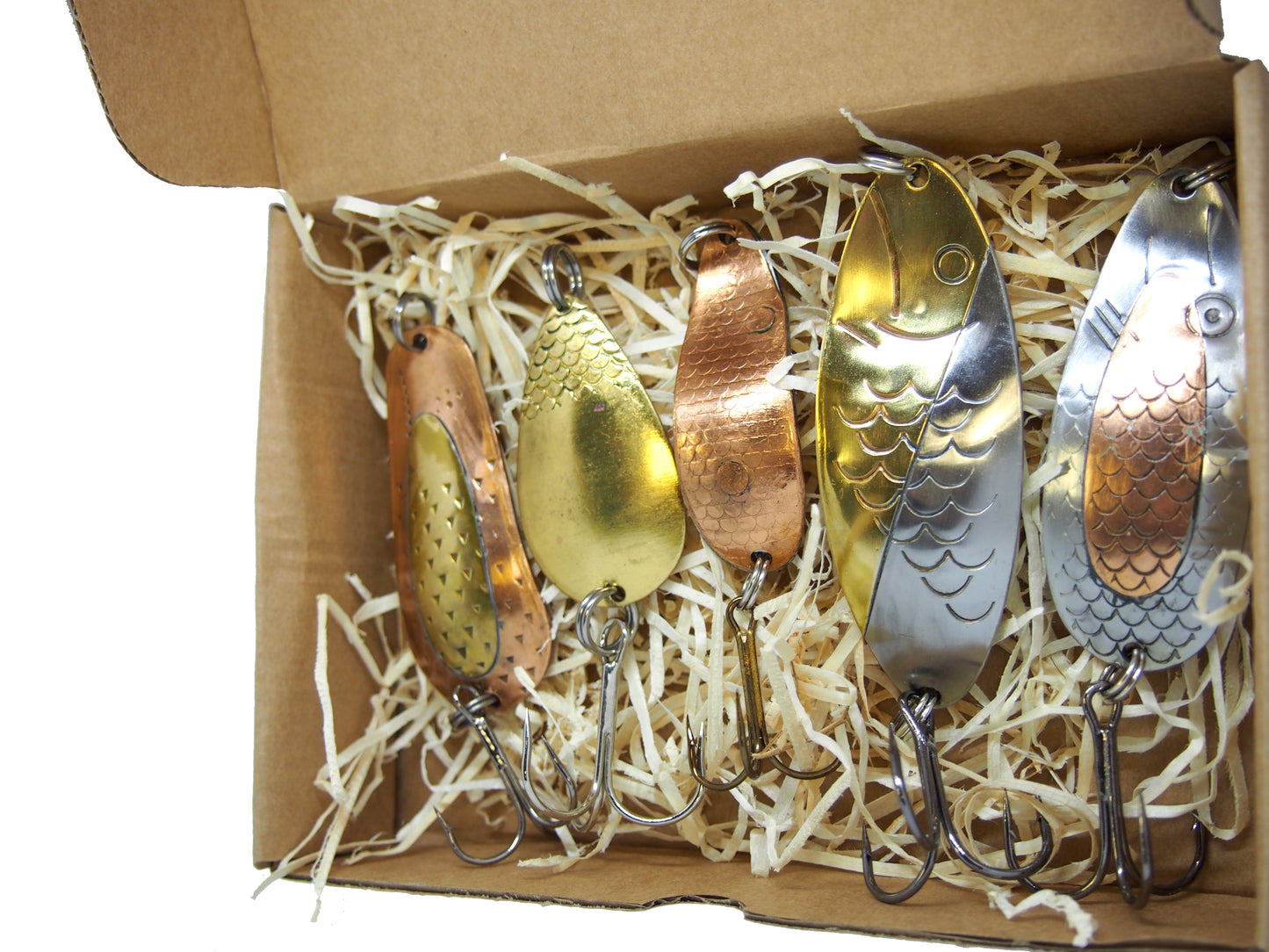 pike fishing spoon set, handmade fishing spoons, gold pike spoons, salmon lure copper with treble hook, 5 pieces