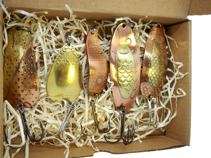 classic fishing spoon set, hand crafted fishing spoons, gold pike spoons, salmon lure copper with treble hook, 5 pieces