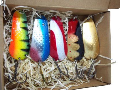 fishing spoon set, metal fishing spoons, salmon lures, pike tackle, trout lures