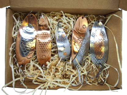 classic fishing spoon set, hand crafted fishing spoons, gold pike spoons, salmon lure copper with treble hook, 5 pieces