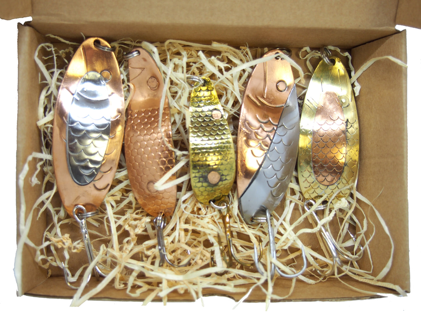 classic fishing spoon set, handmade fishing spoons, gold pike spoons, salmon lure copper with treble hook, 5 pieces