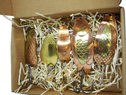 classic fishing spoon set, hand crafted fishing spoons, gold pike spoons, salmon lure copper with treble hook, 5 pieces