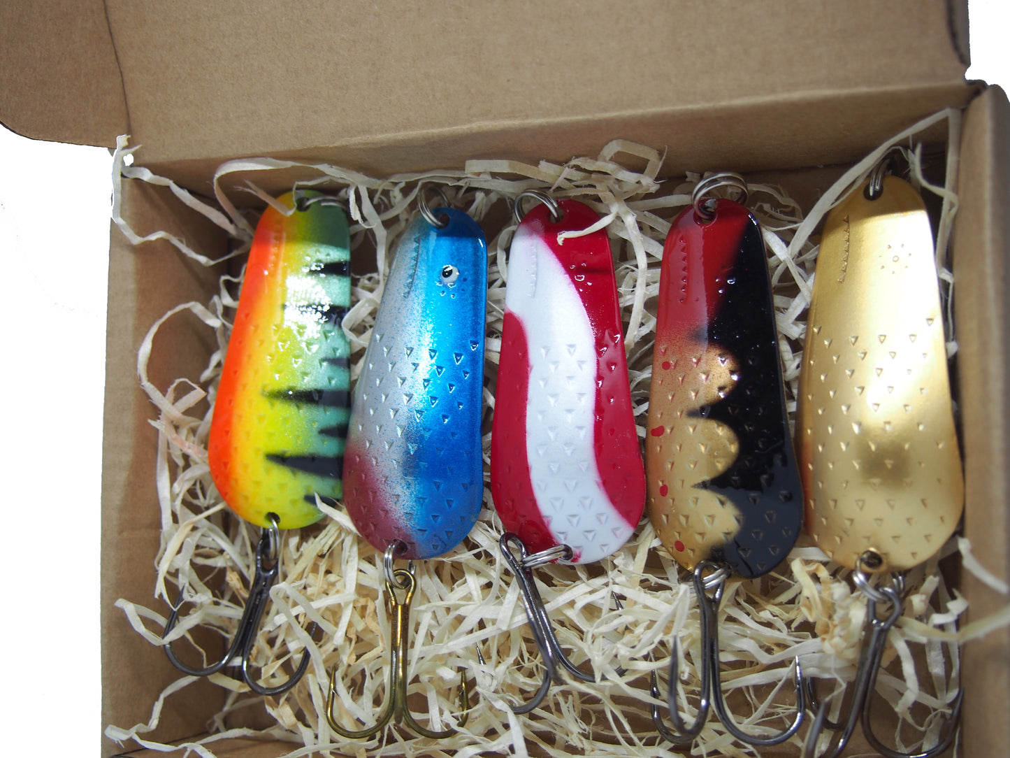 fishing spoon set, metal fishing spoons, salmon lures, pike tackle, trout lures