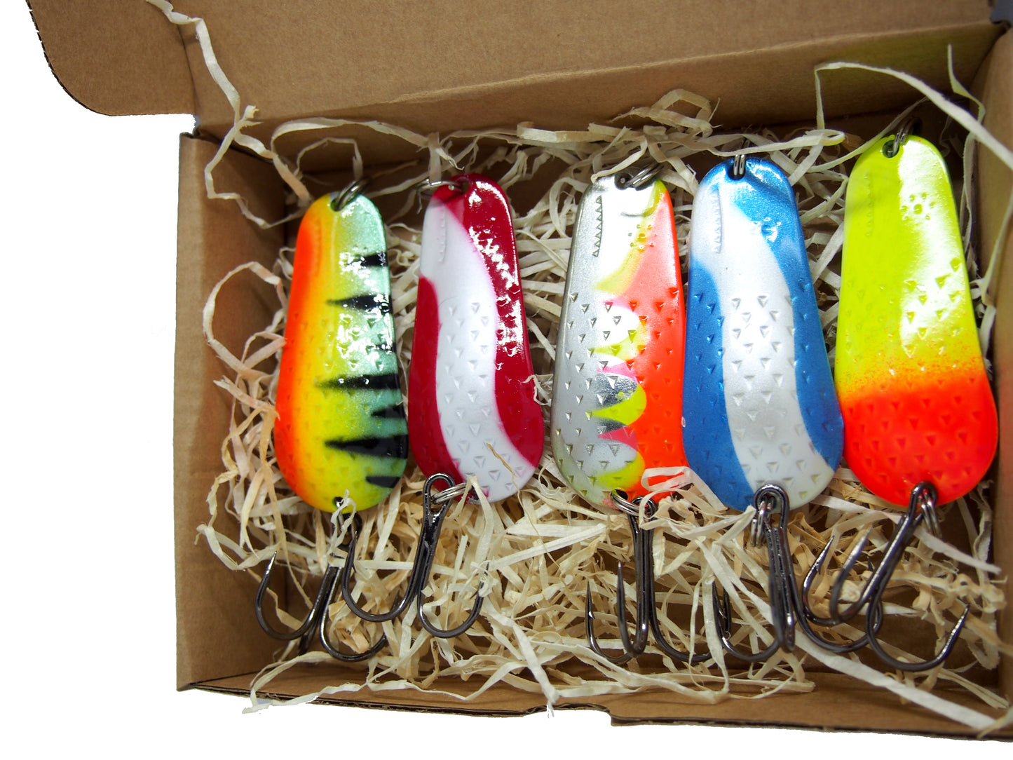 fishing spoon set 5pcs, handmade fishing spoons, pike spoon, hand-painted salmon lure with treble hook