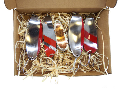 classic fishing spoon set, hand crafted fishing spoons, gold pike spoons, salmon lure copper with treble hook, 5 pieces