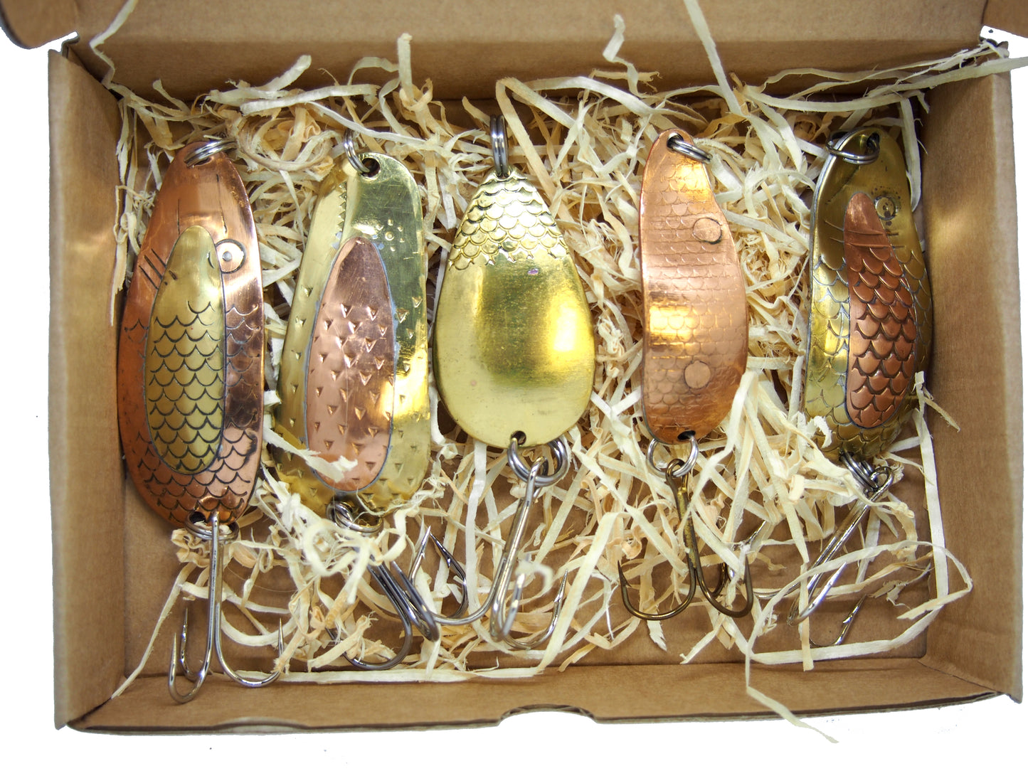 classic fishing spoon set, handmade fishing spoons, gold pike spoons, salmon lure copper with treble hook, 5 pieces