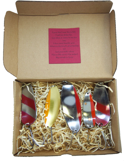 handmade fishing spoon lures, casting spoon for pike, bass fishing spoons in a gift box 5 pieces