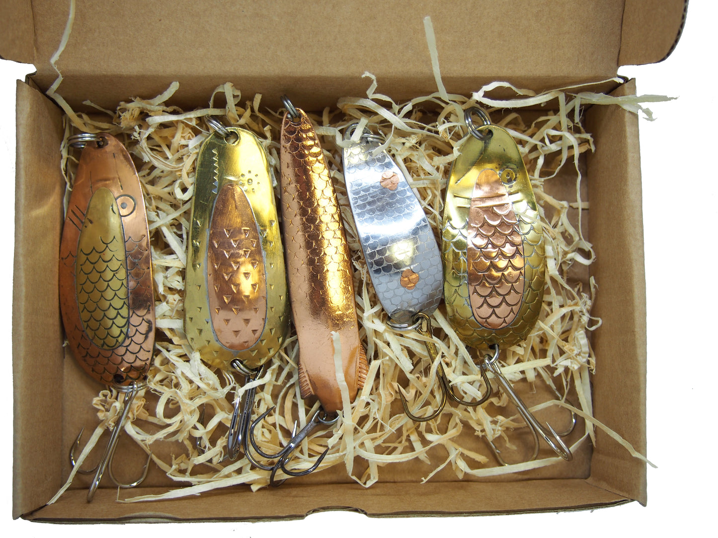 classic fishing spoon set, handmade fishing spoons, gold pike spoons, salmon lure copper with treble hook, 5 pieces