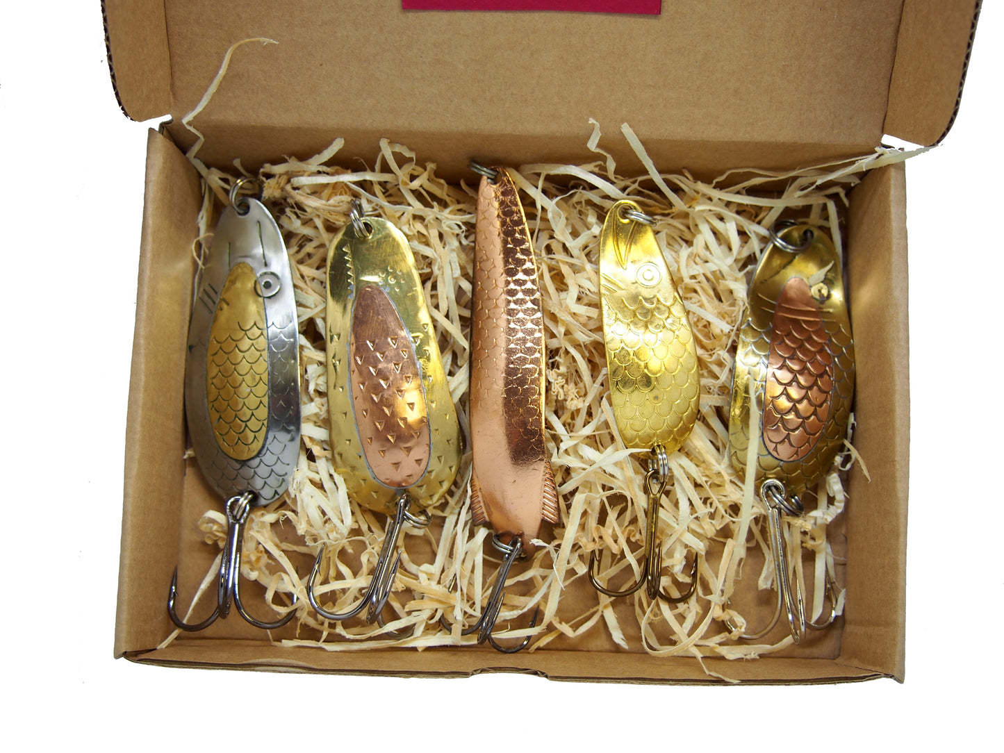 classic pike spoon set, handmade fishing spoons, gold salmon spoons, bass lure copper with treble hook, 5 pieces