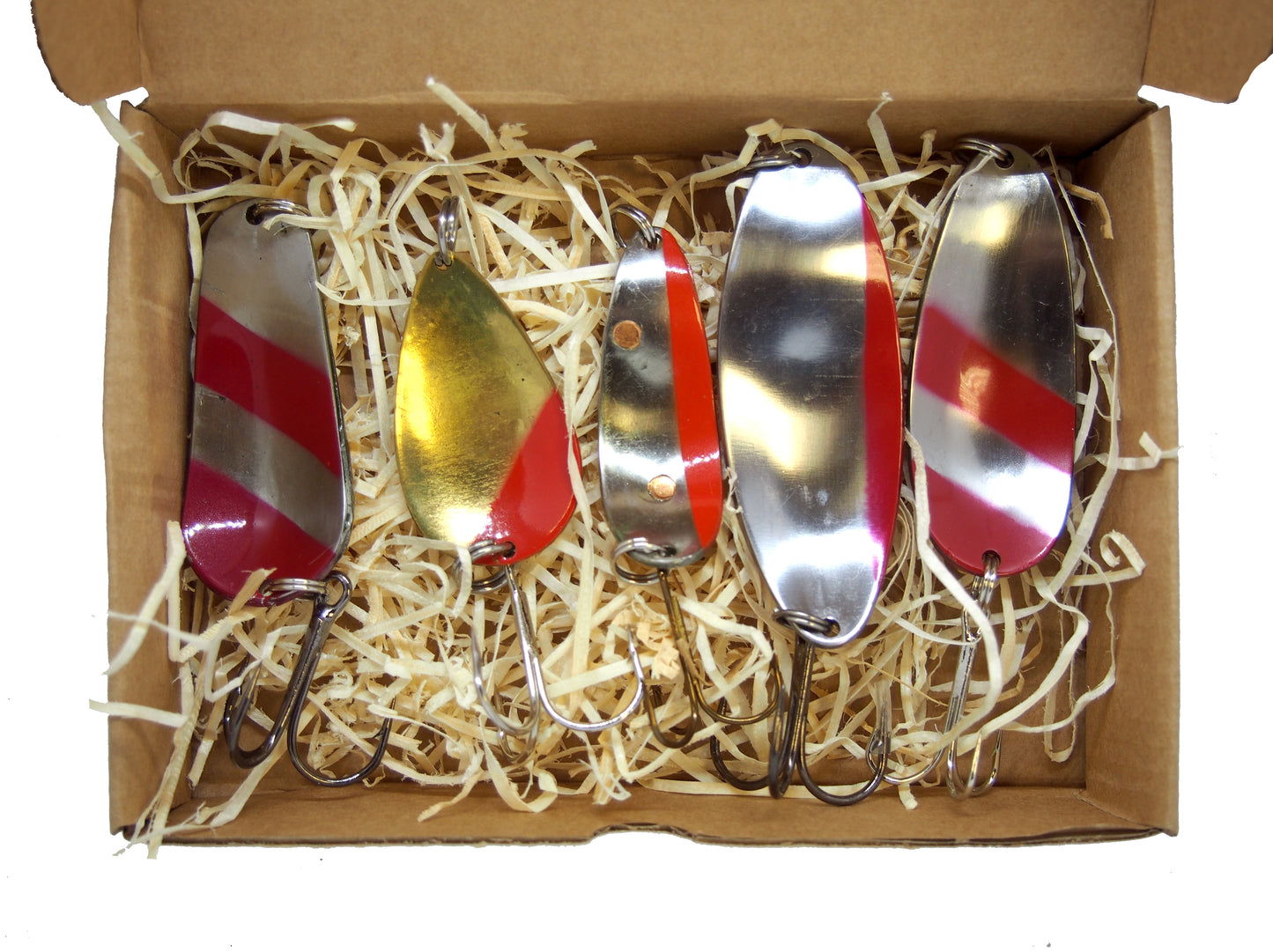 classic fishing spoon set, hand crafted fishing spoons, gold pike spoons, salmon lure copper with treble hook, 5 pieces